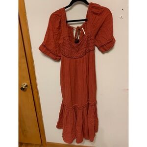 Free People Rust Orange Smocked Square Neck Midi Dress Boho Festival Size S
